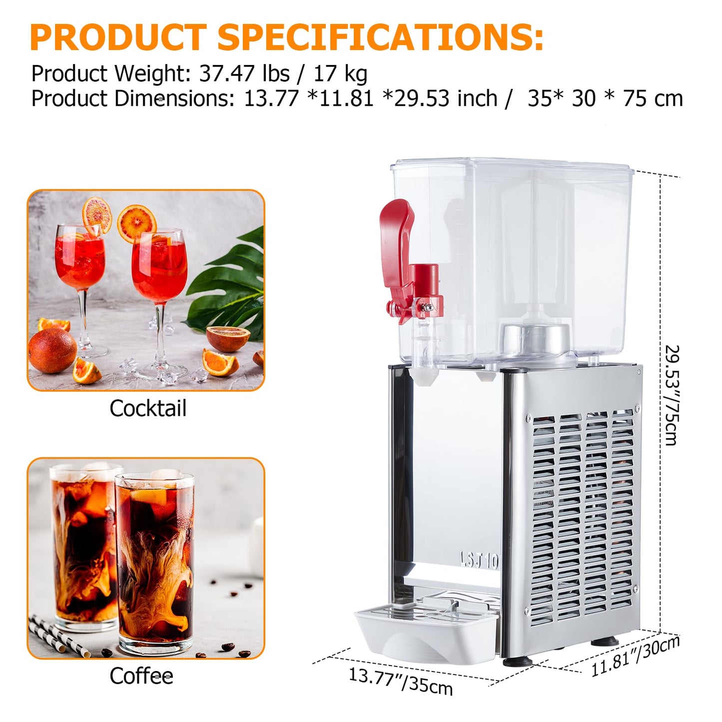 Commercial Beverage Dispenser, Towallmark 1 Tanks 2.64 Gallon 10L Commercial Juice Dispenser, 10 Liter Per Tank, 180W Stainless Steel Food Grade Ice Tea Drink Dispenser with Thermostat Controller