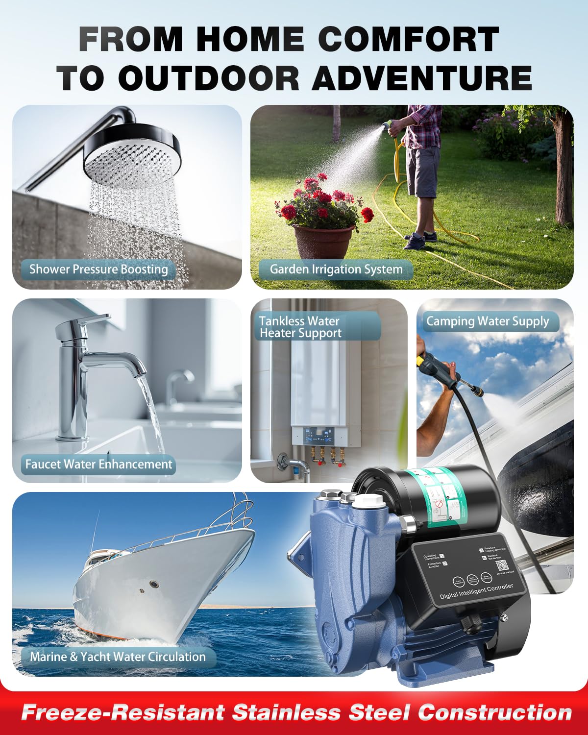 MENIIO 1.5HP Water Pressure Booster Pump, 110V Stainless Steel Automatic Booster Pump with Digital Pressure Display, 1800GPH High Flow, 130FT Max Head for Home, Garden & Irrigation