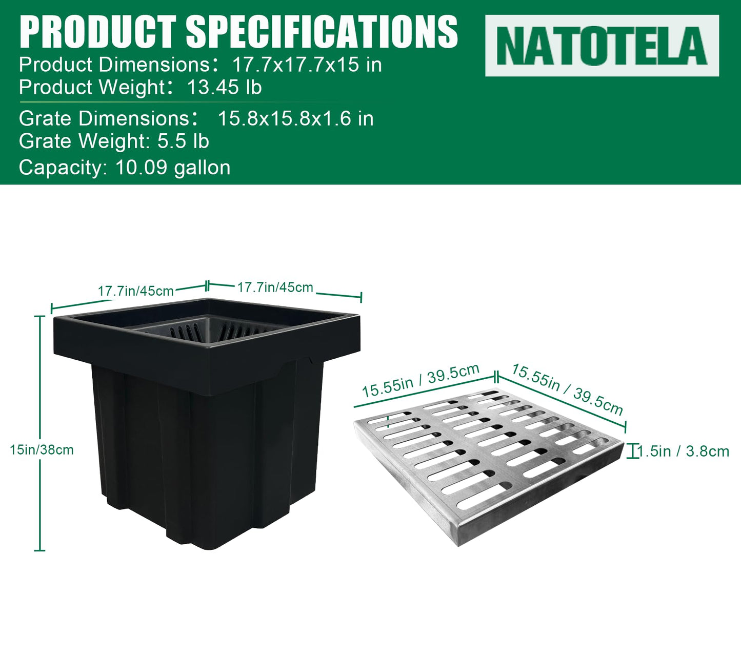 Natotela Catch Basin with 304 Stainless Steel Grate-18x18x15 in. Large Catch Basin for Drainage with Debris Basket,French Drain Basin Without Reserved Hole for Patio,Downspout,Commercial