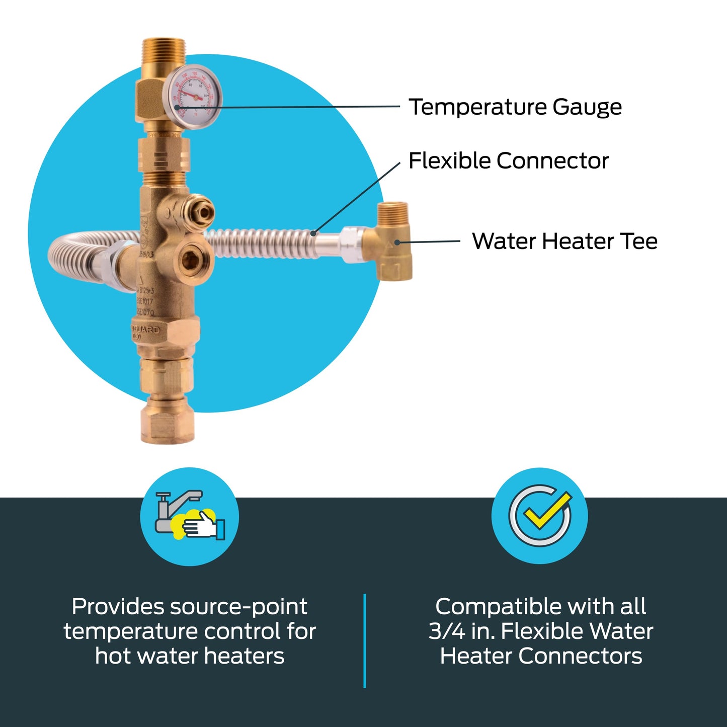 Cash Acme 3/4 Inch Tank Booster Water Heater Thermostatic Mixing Valve with Temperature Gauge and Corrugated Hose, PEX Pipe, PE-RT, CPVC, Copper, 24643