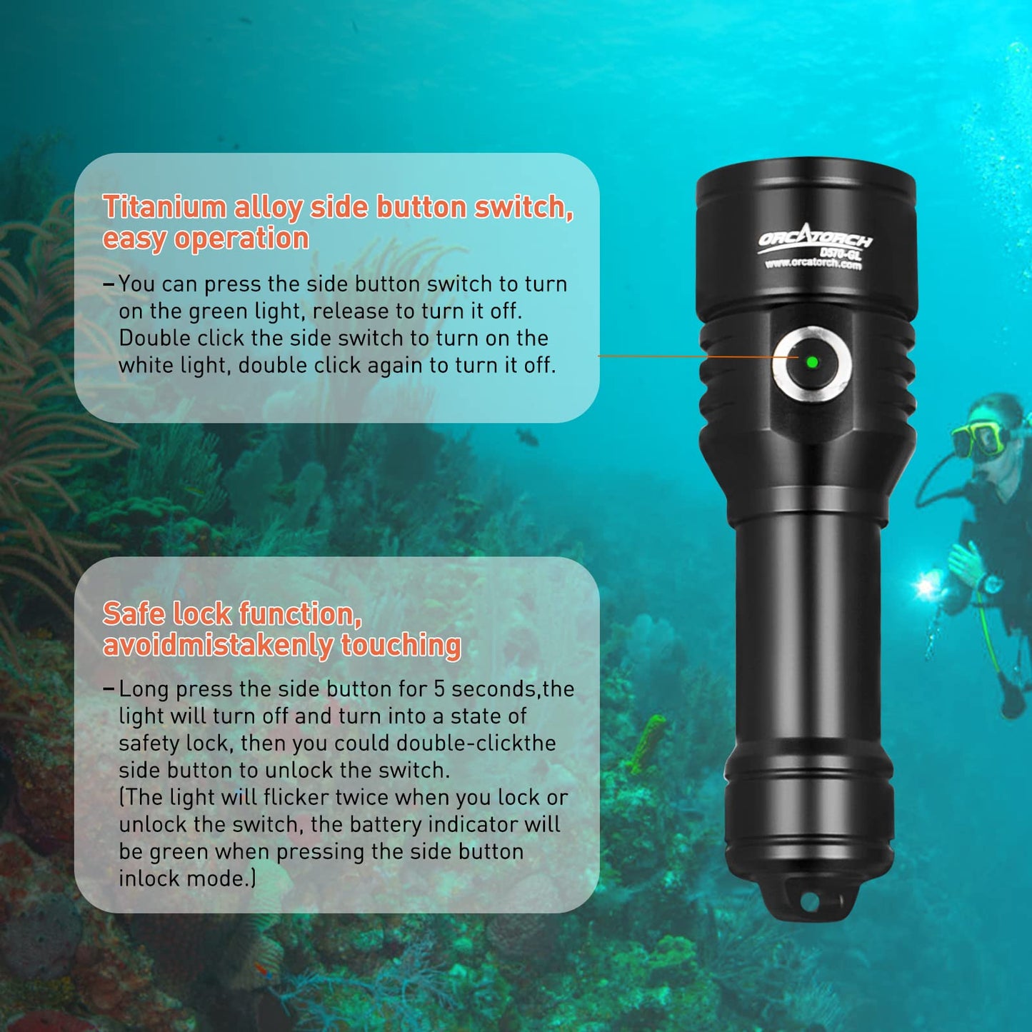 ORCATORCH D570-GL 2.0 2-in-1 Scuba Diving Signal Light 1500 Lumens Underwater Flashlight, 1000M Green Beam and White LED Combo, Rechargeable Battery for Night Dive Training Instructor Cave Exploration