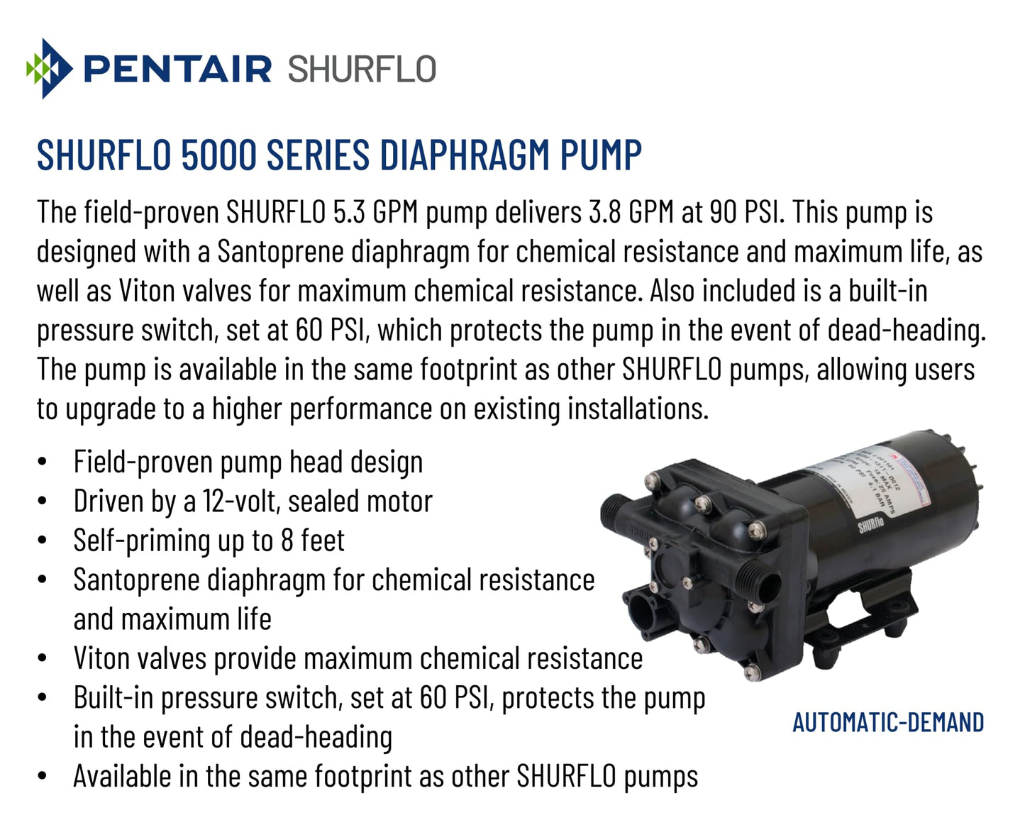 PENTAIR SHURFLO 5059-1310-D011 12 VDC Automatic Demand Diaphragm Pump, 5.3 GPM, 90 PSI, 1/2" NPTF Port, Self Priming 8 ft, Chemical Resistant Water Pump for Spraying, Transfer, Industrial Use