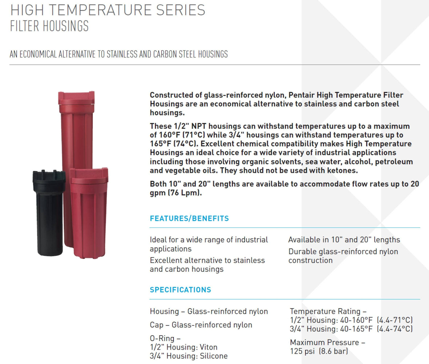 Pentair Pentek 150015 High Temperature Filter Housing, 3/4" NPT #10 Standard Glass-Reinforced Nylon Water Filter Housing, 10-Inch, Red/Red