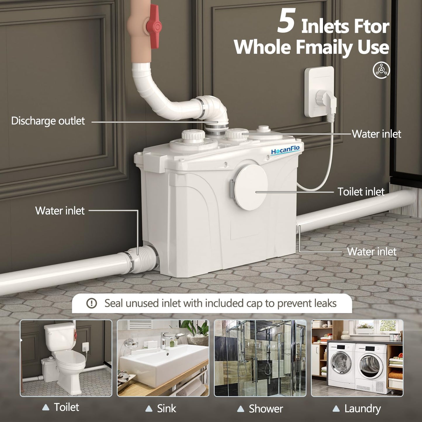700W Macerator Pump for Upflush Toilet, Basement Sewage Pump with 4 Water Connections, for Macerating Toilet, Laundry, Kitchen Sink, Clothes Washer and Shower, Gray Water Disposal, 29.8ft