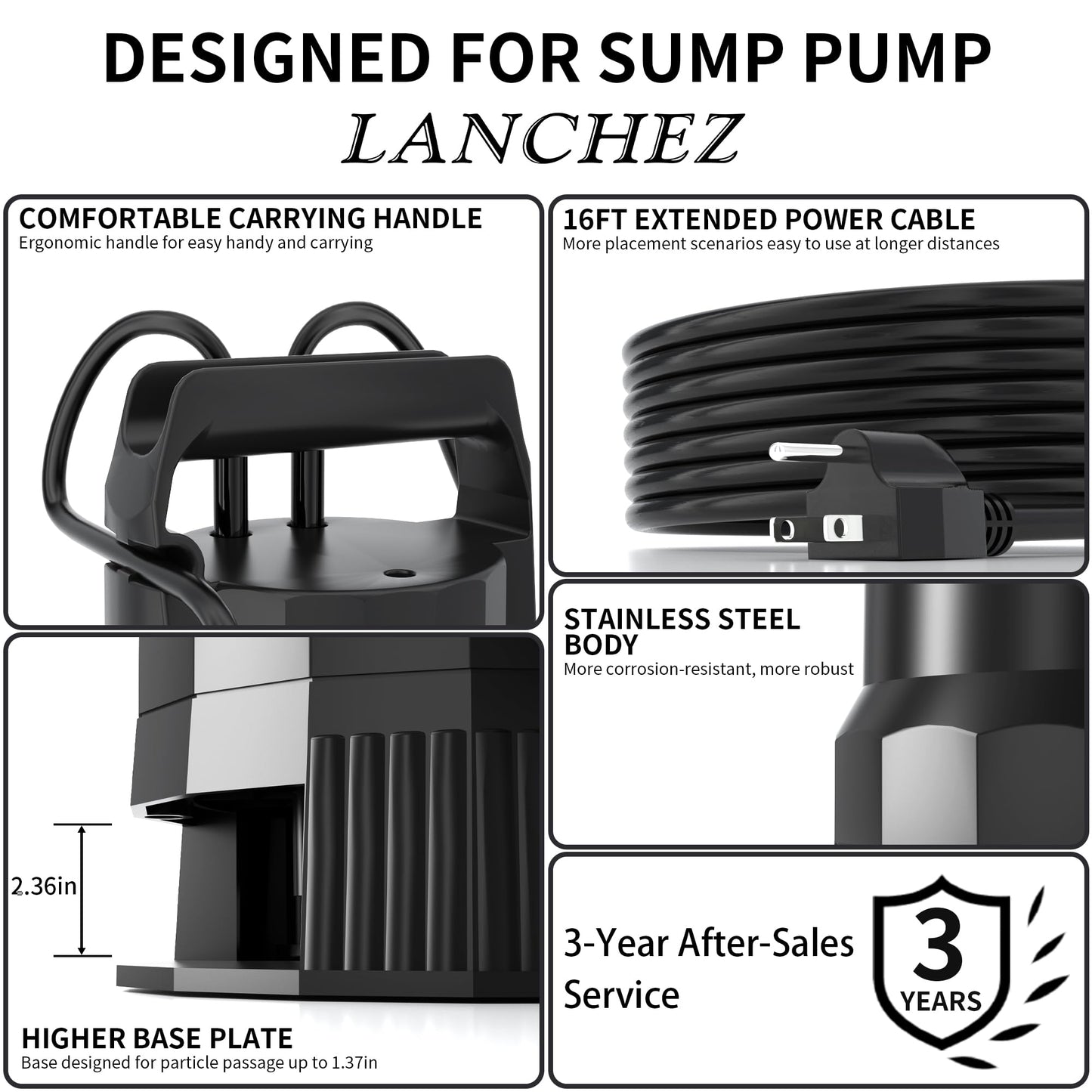 LANCHEZ 1.6HP 6000GPH Sump Pump, High Flow Submersible Water Pump with Float Switch, Automatic Transfer Water Pump for Swimming Pool Basement Flooded Pit Sewage Sink Tub, Black