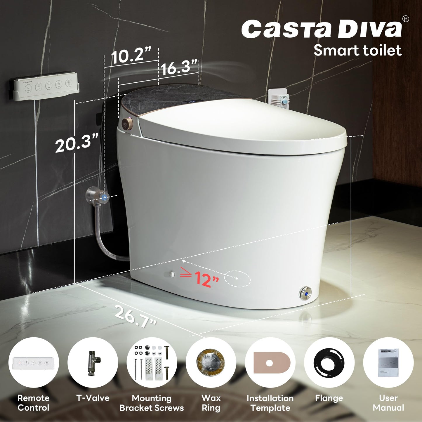Casta Diva Smart Toilet with Bidet Built in, Auto Open/Close, Foam Shield, 1000g MaP Flush, Heated Seat, Foot Kick & Blackout Flush, Bidet Toilet with Night Light for Bathrooms