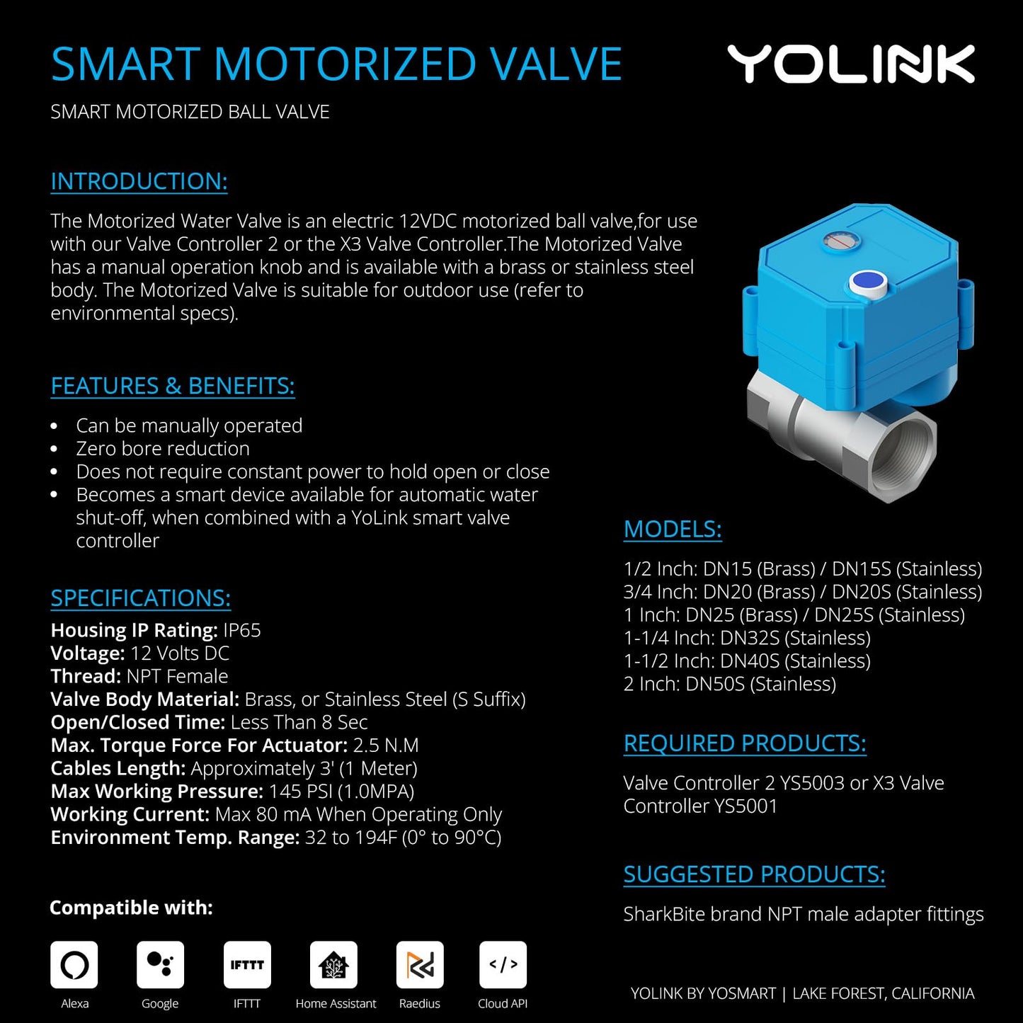 YoLink Wireless Smart Valve Control Kit, NSF Certified 1" Stainless Steel Motorized Valve, Wireless Controller 2, LoRa Long Range, D2D Offline with Leak Sensors, 2 Years Battery Backup