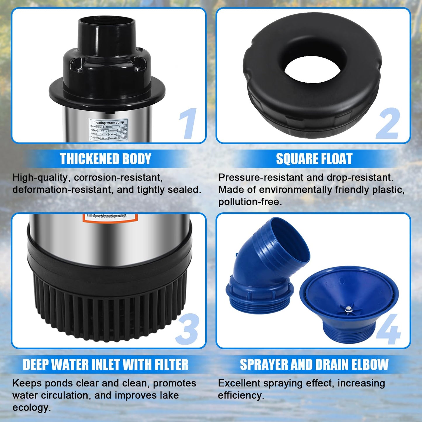 15000 GPH Pond Fountain Aerator-110V Fully Automatic 750W (1HP) Fountain and Pond Aerator. Pond Fountain with 100 ft Power Cord. (Stainless Steel)