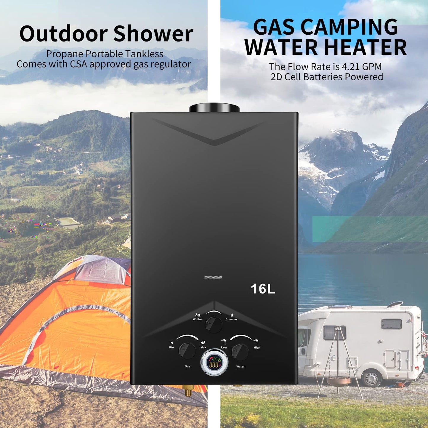 Tankless Water Heater 4.21GPM 16L Instant Propane Water Heater Outdoor Portable Gas Hot Water Heater with Digital Display & Multi-Protection for Camping Trips, Boat Cabins