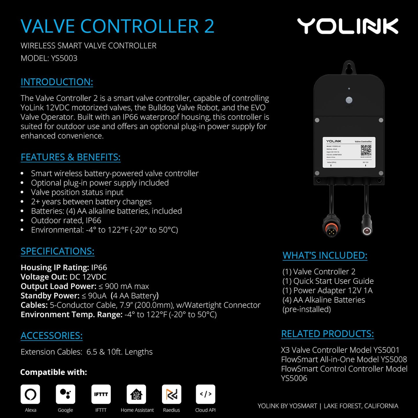 YoLink Wireless Smart Valve Control Kit, NSF Certified 1" Stainless Steel Motorized Valve, Wireless Controller 2, LoRa Long Range, D2D Offline with Leak Sensors, 2 Years Battery Backup