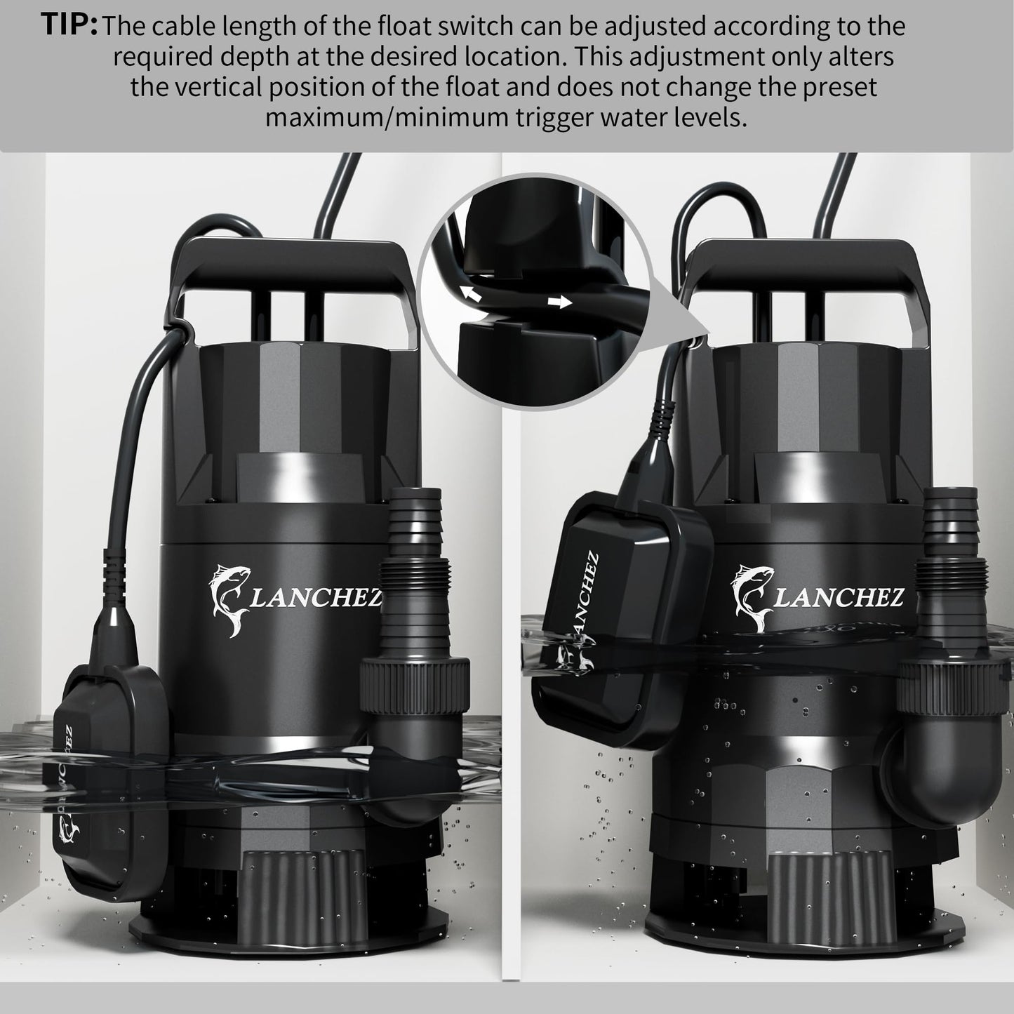 LANCHEZ 1.6HP 6000GPH Sump Pump, High Flow Submersible Water Pump with Float Switch, Automatic Transfer Water Pump for Swimming Pool Basement Flooded Pit Sewage Sink Tub, Black