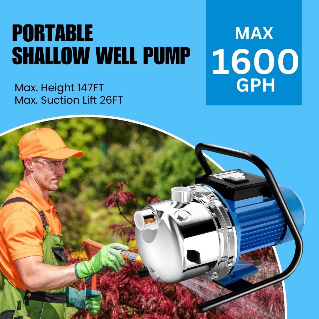 FOTING 1.6HP Shallow Well Pump, 1600GPH Jet Pumps Garden Pump, Water Transfer Draining Irrigation Pumps, Water Booster Jet Pump Stainless Steel for Home Garden Lawn Farm
