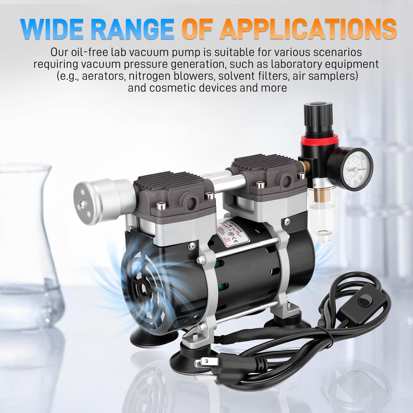 50L/Min Vacuum Pump 2 Holes Oilless Lab Pump with Switch Oil-Water Separator Pressure Gauge Connector Silencer Tape Rubber Feet for Laboratory Industry Home Low Noise and High Vacuum 110V 180w 60Hz