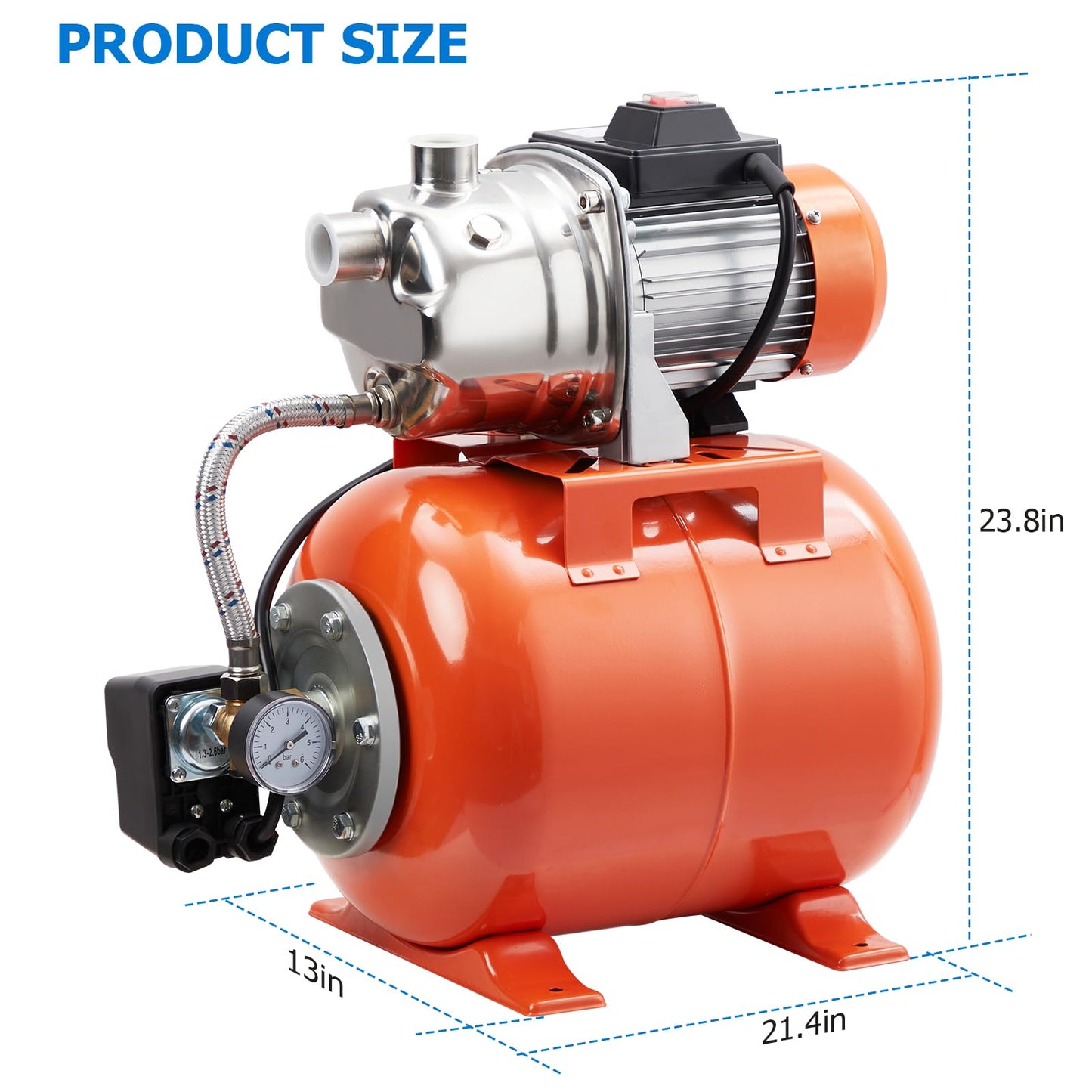 GarveeTech 1.6HP Shallow Well Pump With Pressure Tank, Stainless Steel Water Transfer Pump, 115V Water Pump With Automatic Pressure Switch, Electric Utility Pump for Garden, Pool, Well, Irrigation
