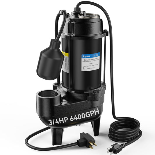 Acquaer Sewage Pump, Cast Iron, Automatic Tethered Float Switch, Sewage Effluent Pump for Sump Basin, Basement, Residential Sewage, 2'' NPT Discharge, Dark
