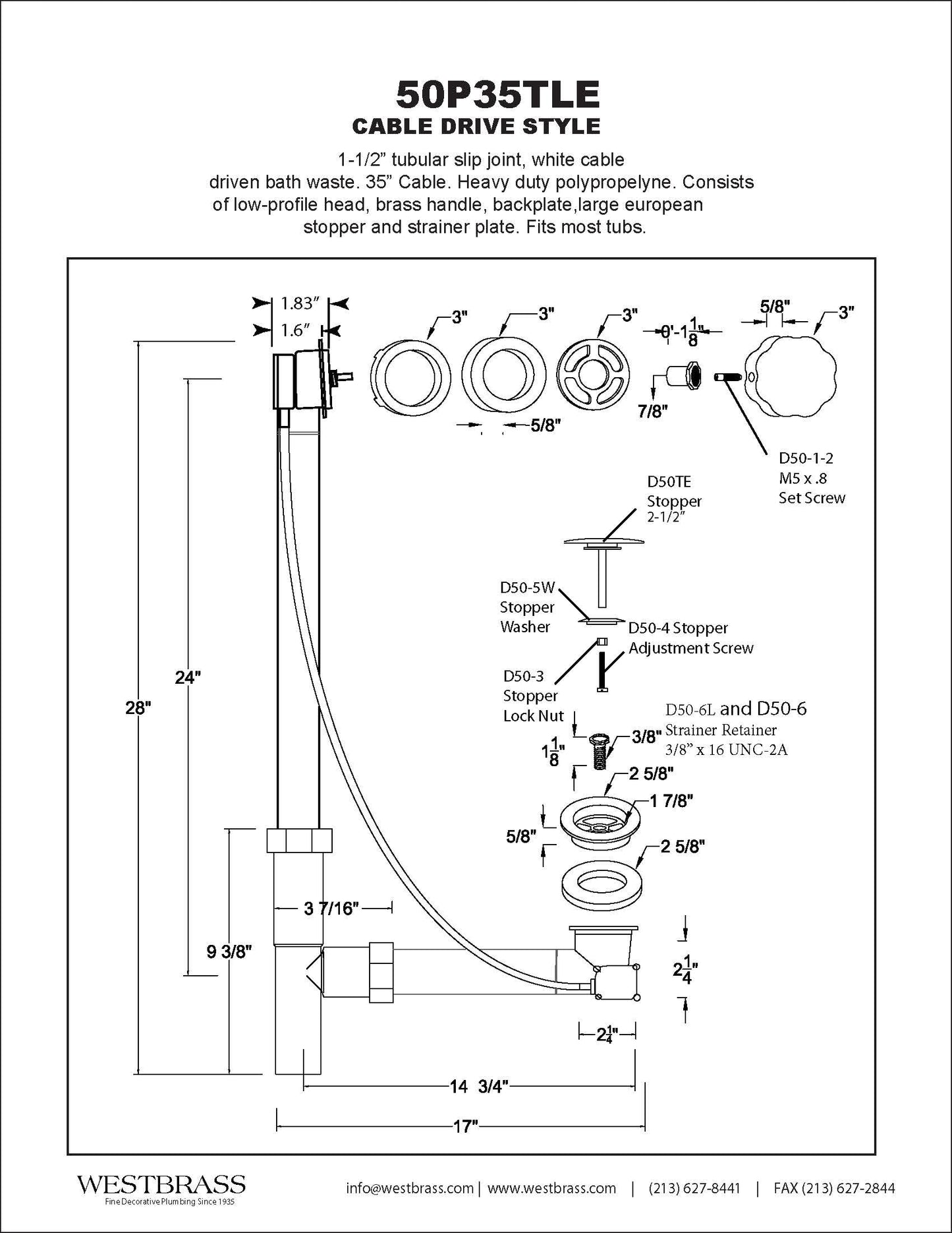 Westbrass A50P35TLE-62 35" Cable Drive Bath Drain Trim Kit with Rotary Overflow Cover Knob, European Stopper and Poly Tubular Pipes, Matte Black