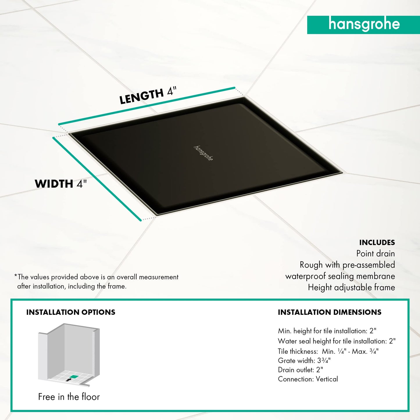 hansgrohe RainDrain Rock Square Shower Drain Set with Rough and in Nature Stone, Stainless Steel Shower Floor Drain