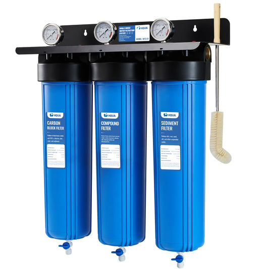 HQUA WF3-01 3-Stage Whole House Water Filtration System, Reduces Heavy Metals (Lead, Mercury, Arsenic, Cadmium, Chromium), Chlorine, Sediment, Odor, and VOC’s