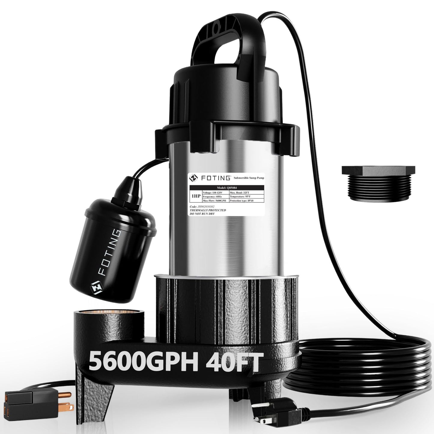 FOTING 1HP 5600 GPH 40FT Sump Pump Submersible Sewage/Effluent Pump - Heavy Duty Cast Iron Automatic/Manual - 115V Septic Pump for Sump Basin/Residential/Sewage/Basement, 2'' NPT,Black