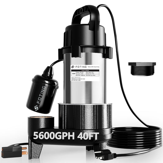 FOTING 1HP 5600 GPH 40FT Sump Pump Submersible Sewage/Effluent Pump - Heavy Duty Cast Iron Automatic/Manual - 115V Septic Pump for Sump Basin/Residential/Sewage/Basement, 2'' NPT,Black