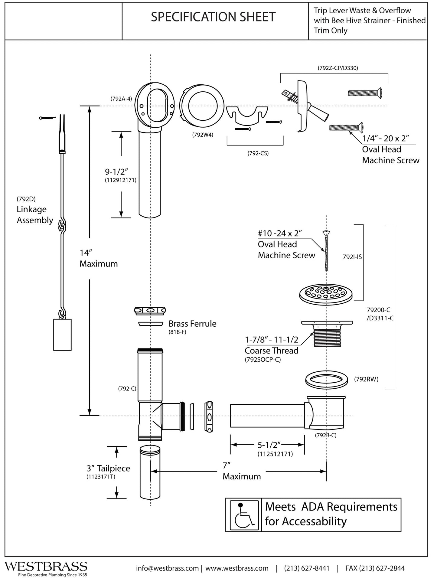 Westbrass A323-62 14" Bath Waste & Overflow Assembly with Trip Lever and Beehive Strainer Grid Drain, Matte Black
