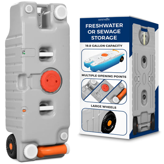 SereneLife 20 Gallon / 75L RV Water Tank – Camper Accessories Portable Container with Level Indicator, Rotating Spout, Metal Handle & Heavy-Duty Wheels, Suitable for Freshwater or Sewage Storage