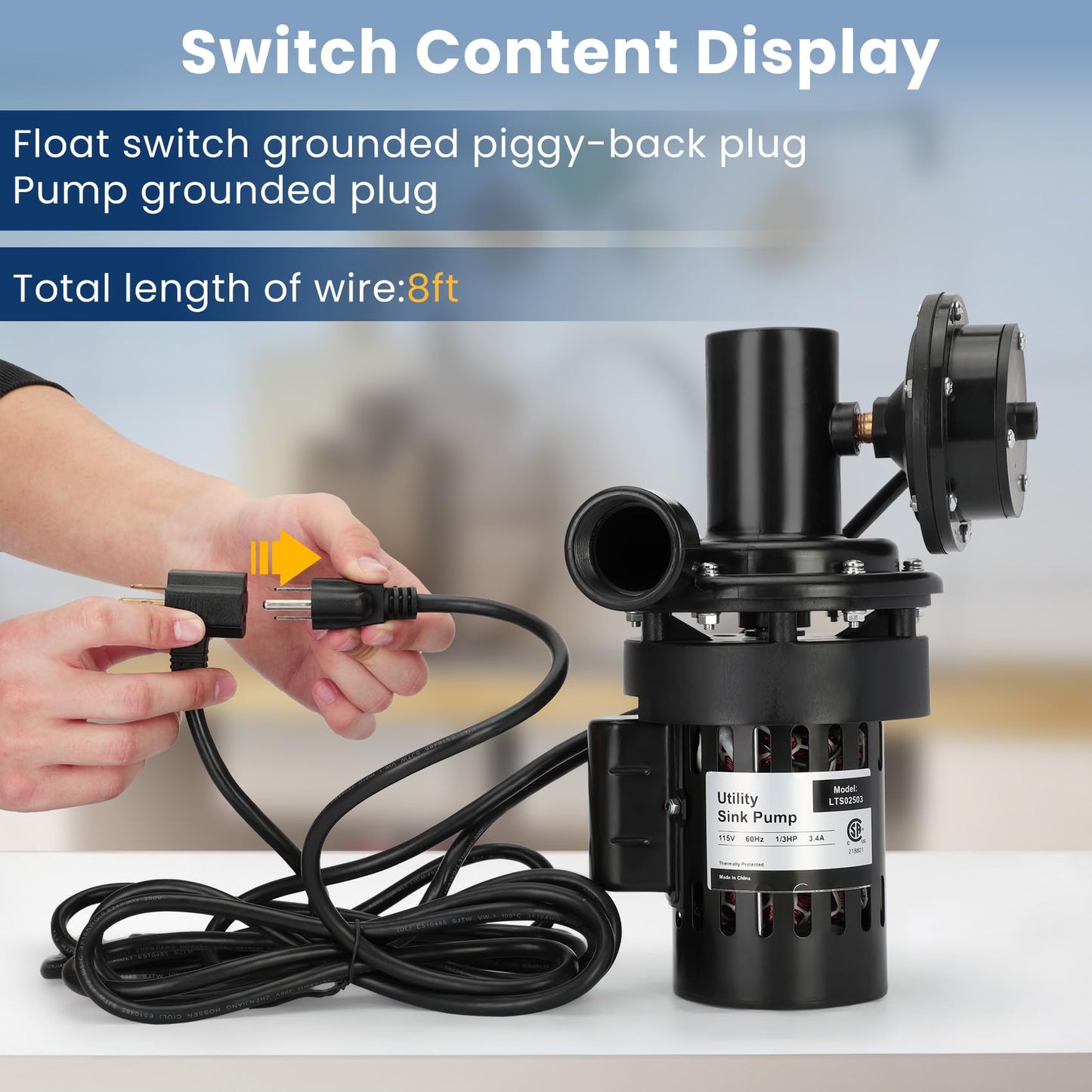 Automatic Utility Sink Pump Installed Directly Under Sink Gravity-free Drainage Heavy-Duty Thermoplastic 115V Includes Drain Screen Check Valve & Ball Valve