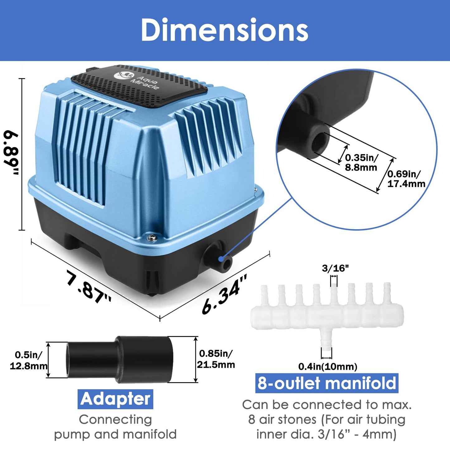 AquaMiracle Super Powerful Linear Air Pump AP-40 Pond Aerator, 635GPH Koi Pond Air Pump Septic Aerator, for Hydroponic, Waste Treatment, Fish Farm, Seafood Restaurant