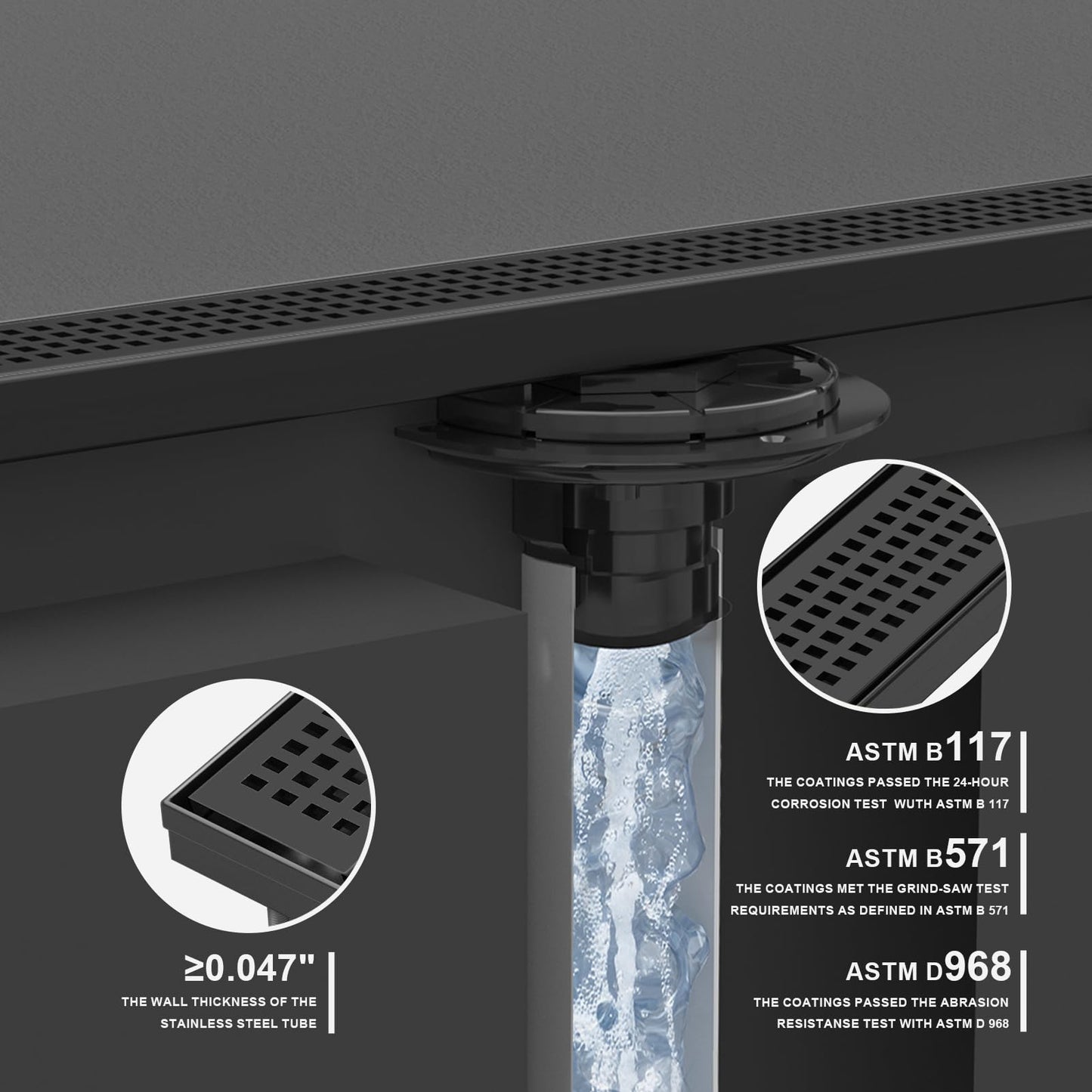 Linear Shower Drain | 48 Inch AISI 304 Stainless Steel Shower Drain, Matte Black Linear Drain with Removable Quadrato Grate Cover & Adjustable Feet, Rectangle Floor Drain, in Bathroom Balcony etc