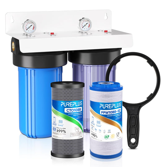 PUREPLUS 2-Stage Whole House Water Filtration System, 10" Universal Clear Housing, Reduces Sediment, Iron/Manganese, Chlorine, Taste & Odor, Ideal for Well Water, Pressure Gauges, 1" Inlet/Outlet