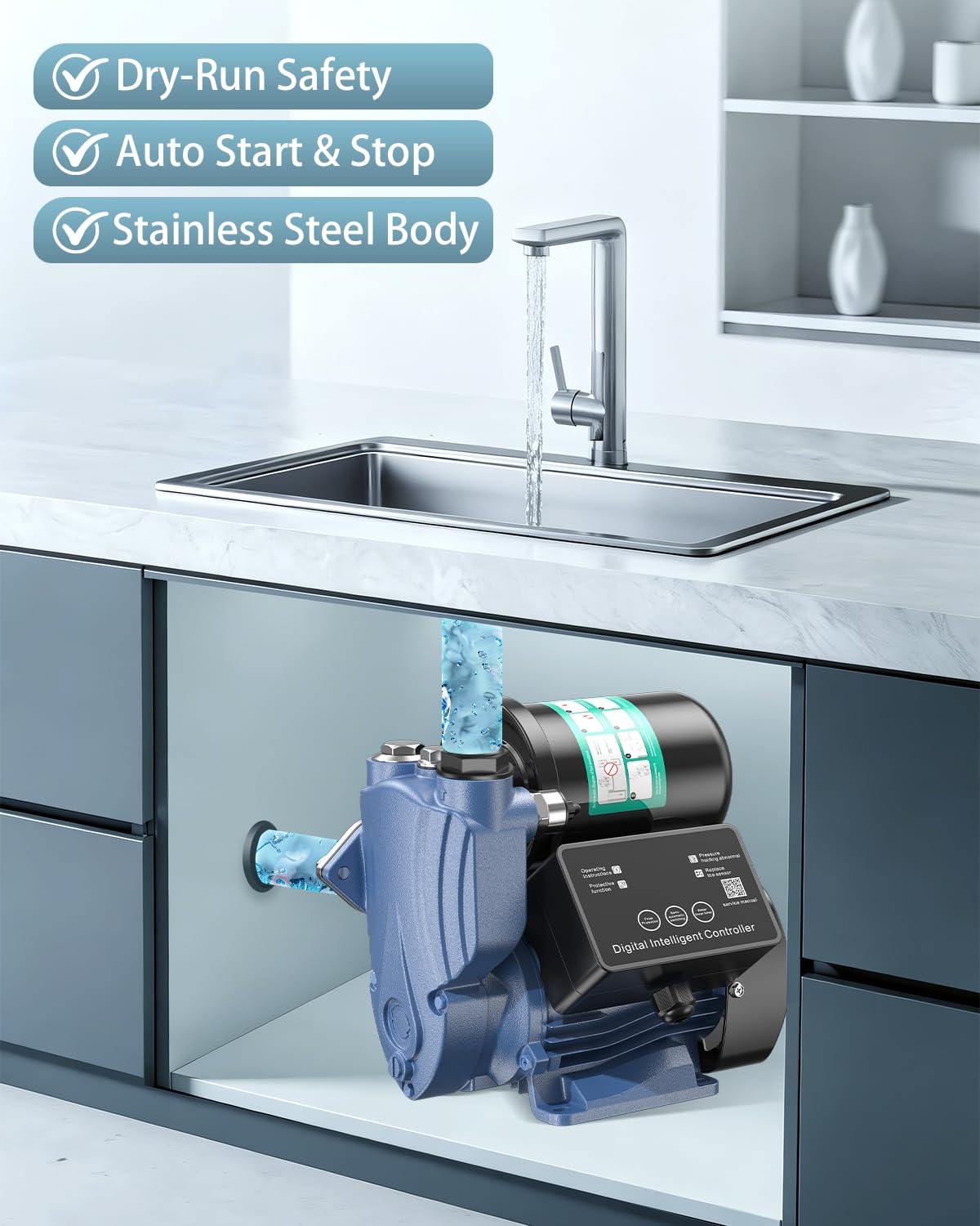 MENIIO 1.5HP Water Pressure Booster Pump, 110V Stainless Steel Automatic Booster Pump with Digital Pressure Display, 1800GPH High Flow, 130FT Max Head for Home, Garden & Irrigation