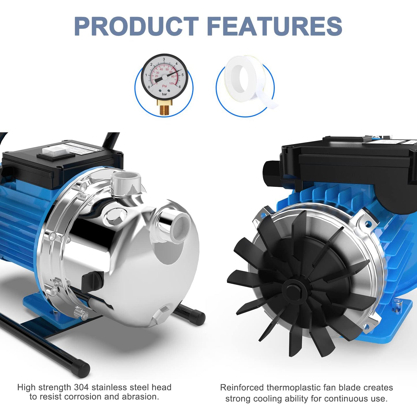 FOTING 1.6HP Shallow Well Pump, 1600GPH Jet Pumps Garden Pump, Water Transfer Draining Irrigation Pumps, Water Booster Jet Pump Stainless Steel for Home Garden Lawn Farm