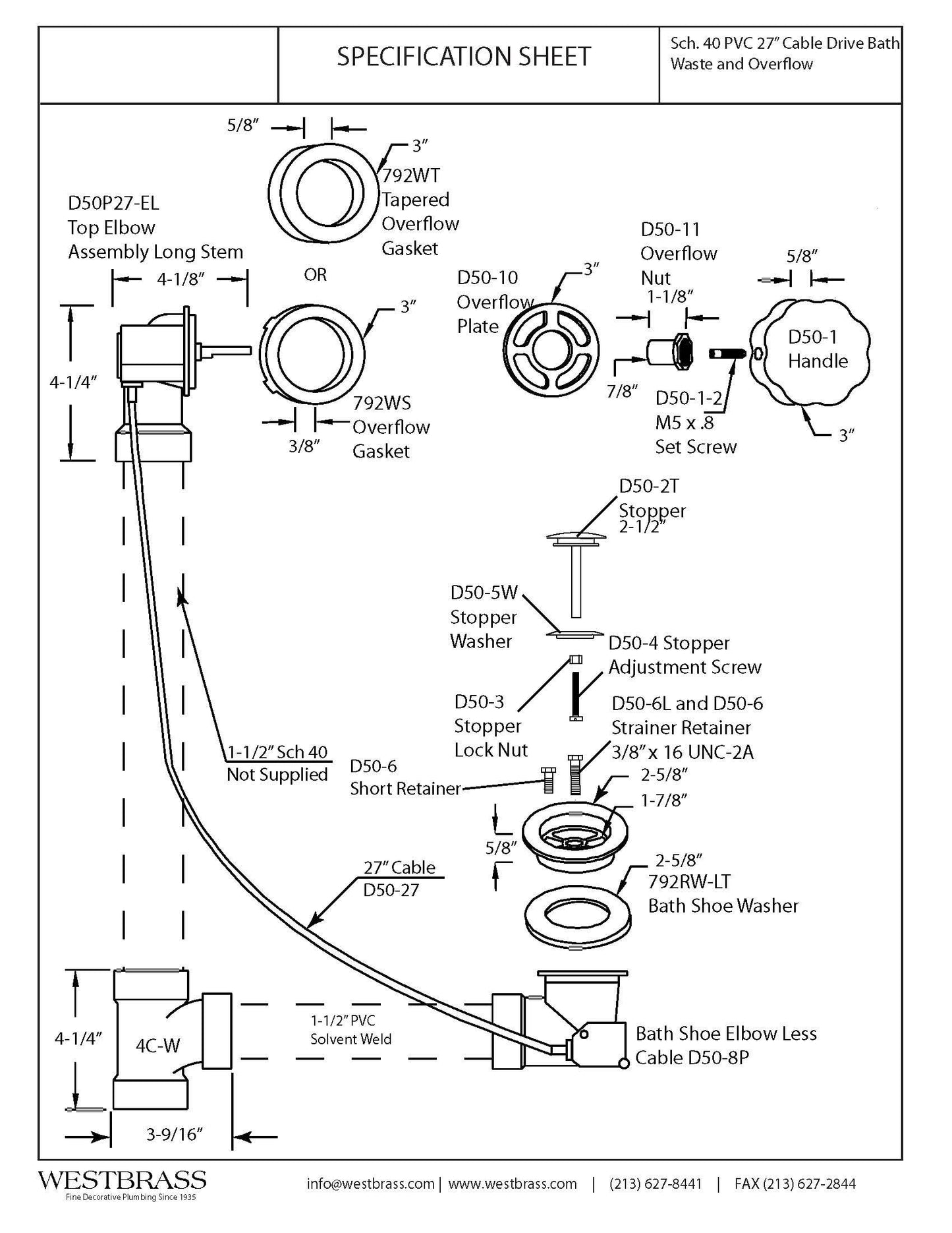 Westbrass A50P27-62 27" SCH. 40 PVC Cable Driven Bath Drain Trim Kit with Rotary Overflow Cover Knob and Pop-Up Stopper, Matte Black