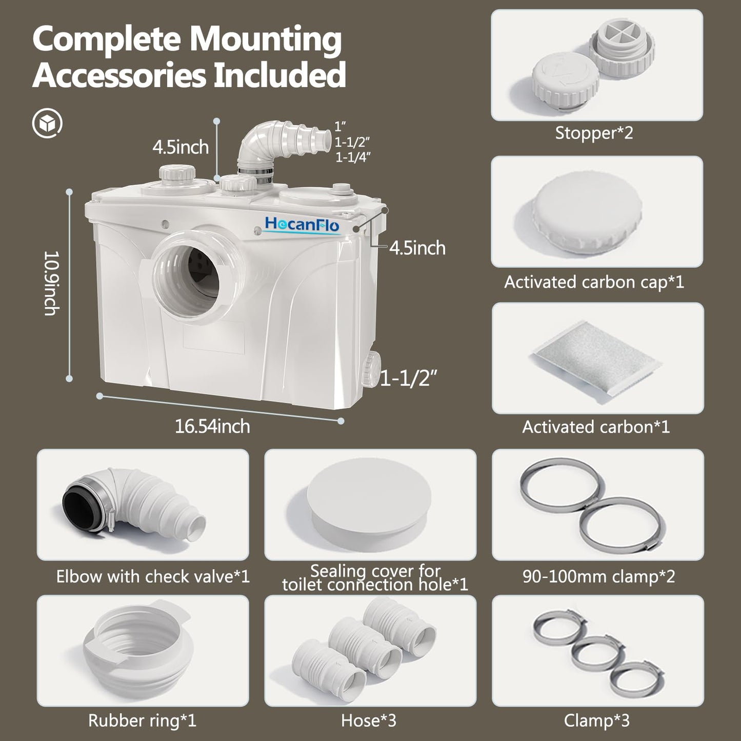 700W Macerator Pump for Upflush Toilet, Basement Sewage Pump with 4 Water Connections, for Macerating Toilet, Laundry, Kitchen Sink, Clothes Washer and Shower, Gray Water Disposal, 29.8ft