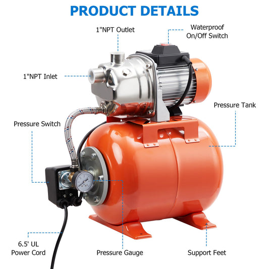 GarveeTech 1.6HP Shallow Well Pump With Pressure Tank, Stainless Steel Water Transfer Pump, 115V Water Pump With Automatic Pressure Switch, Electric Utility Pump for Garden, Pool, Well, Irrigation