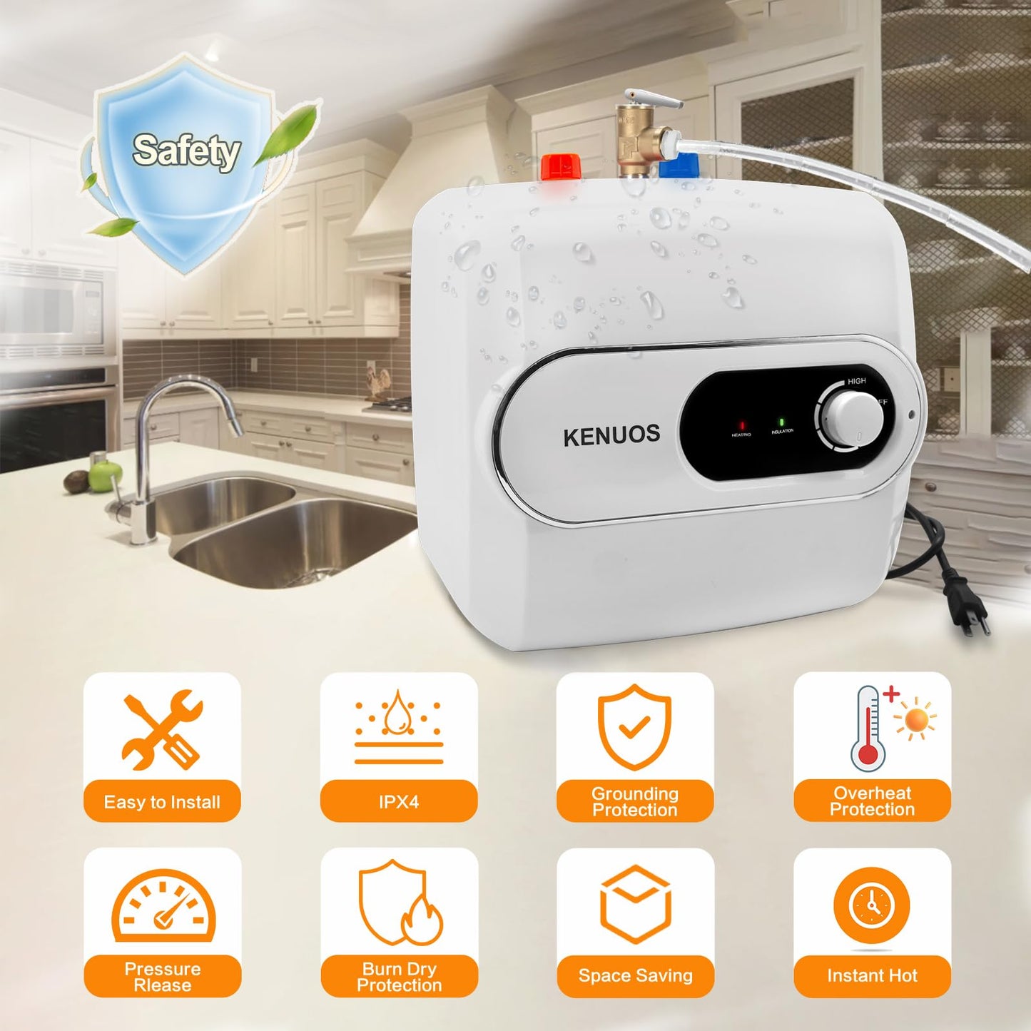 KENUOS 4 Gallon Water Heater Under Sink Instant Hot Water Heaters 1500W 110V 120V Mini Tank,Under Counter Water Heater with Safety Vavle 1/2" NPT for Kitchen,Bathroom,Camper,RV,White