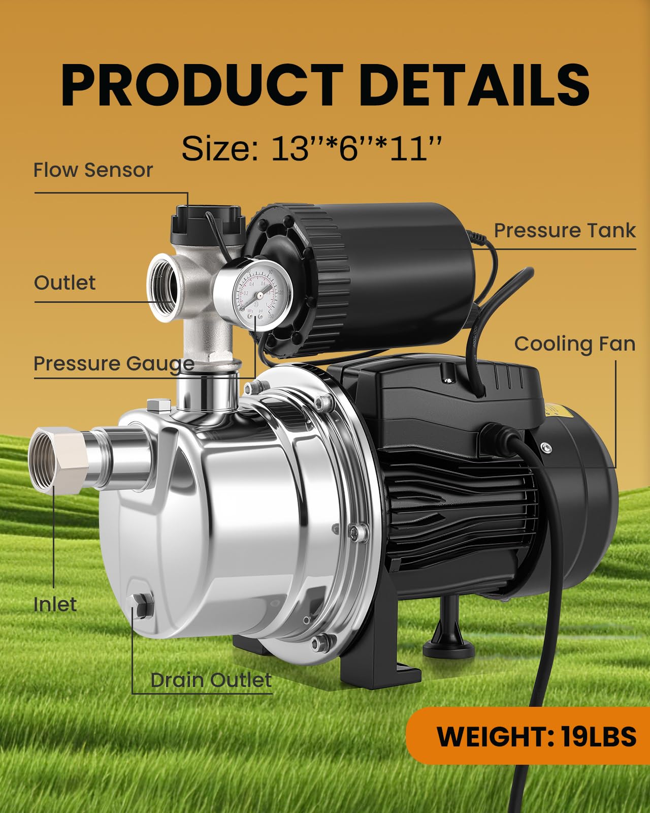 Moonshan 3/4 HP Shallow Well Booster Pump with Pressure Tank 1050GPH Auto ON/OFF Water Pressure Booster Self-Priming Stainless Steel Automatic Booster System for Whole House, Garden, Lawn