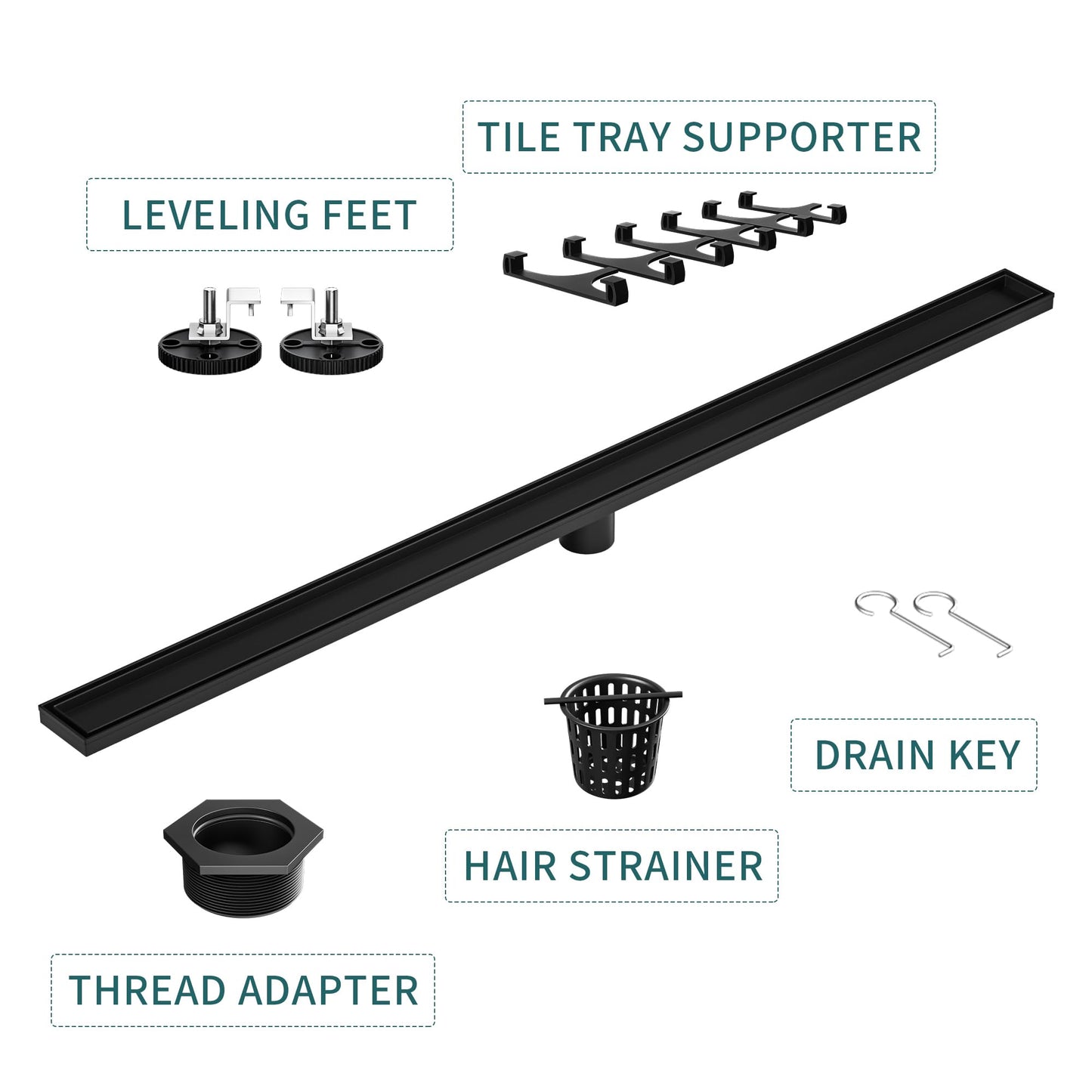 Bernkot Linear Shower Drain 42", Matte Black Floor Drain with Tiled Insert Grate & Hair Strainer, 304 Stainless Steel Bathroom 2-in-1 Tiled in Drain, CUPC Certified (Matte Black, 42'')