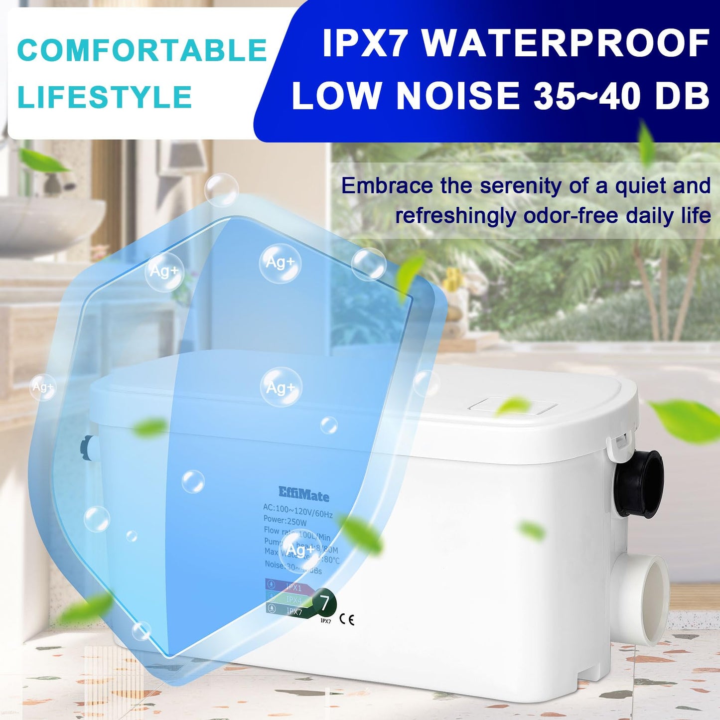 EffiMate Macerator Pump, Silent 250W Sewage Sump Pump, 6000 L/h Flow, Upflush 26.3ft Head, IPX7, Utility Sink with 2 Inlets for Wastewater Disposal in Basement Shower Bathtub Laundry Kitchen RVs