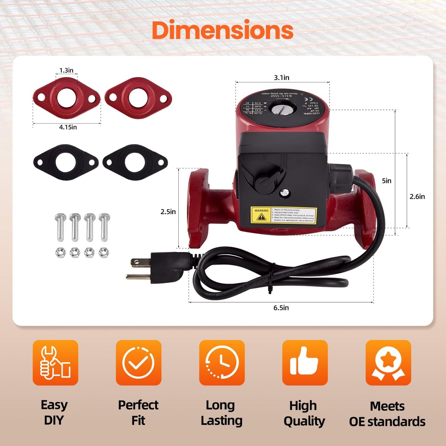 Talspity UPS15-55SFC Stainless Steel Water Circulator Pump 59896773, 3-Speed 1/12HP 115V 60Hz High-Efficiency Water Recirculating Pump for Hydronic, Radiant Floor & Domestic Hot Water Systems