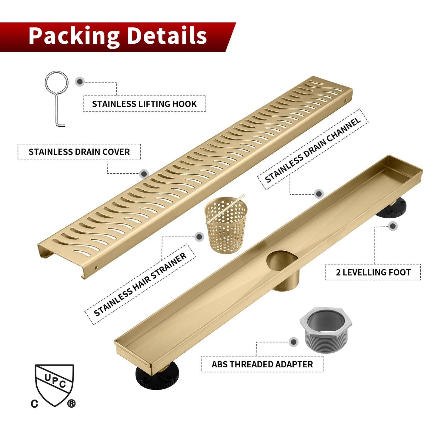 Sharp-tec Linear Shower Drain, 48 inch Shower Drain with Removable Pattern Cover, Brushed Gold 304 Stainless Steel Rectangle Floor Drain, Adjustable Feet and Hair Strainer Included