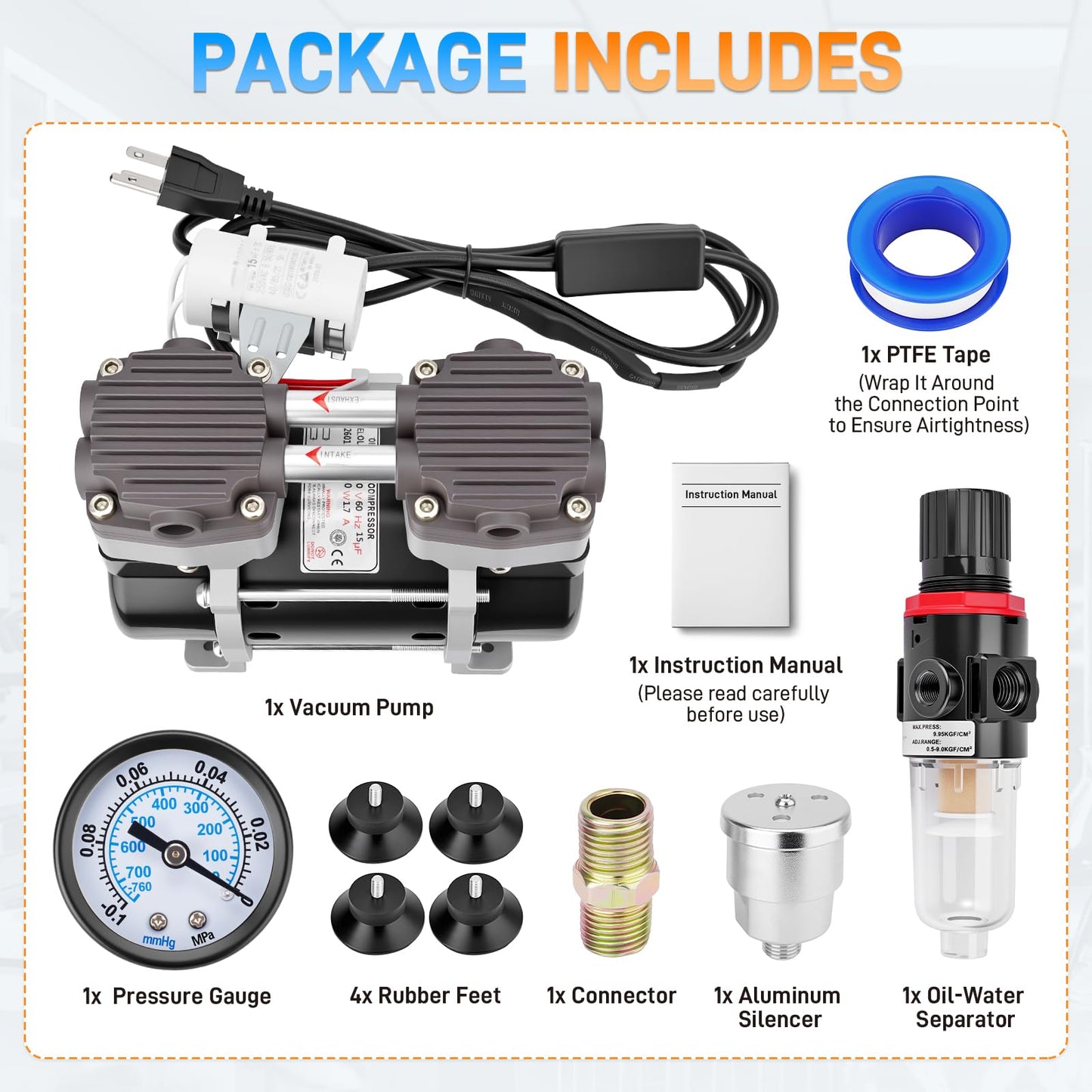 50L/Min Vacuum Pump 2 Holes Oilless Lab Pump with Switch Oil-Water Separator Pressure Gauge Connector Silencer Tape Rubber Feet for Laboratory Industry Home Low Noise and High Vacuum 110V 180w 60Hz