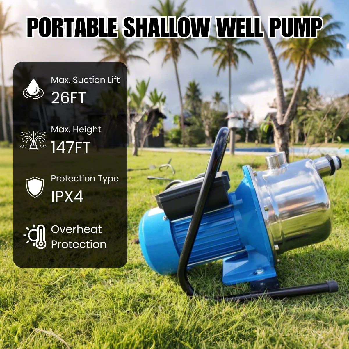 FOTING 1.6HP Shallow Well Pump, 1600GPH Jet Pumps Garden Pump, Water Transfer Draining Irrigation Pumps, Water Booster Jet Pump Stainless Steel for Home Garden Lawn Farm