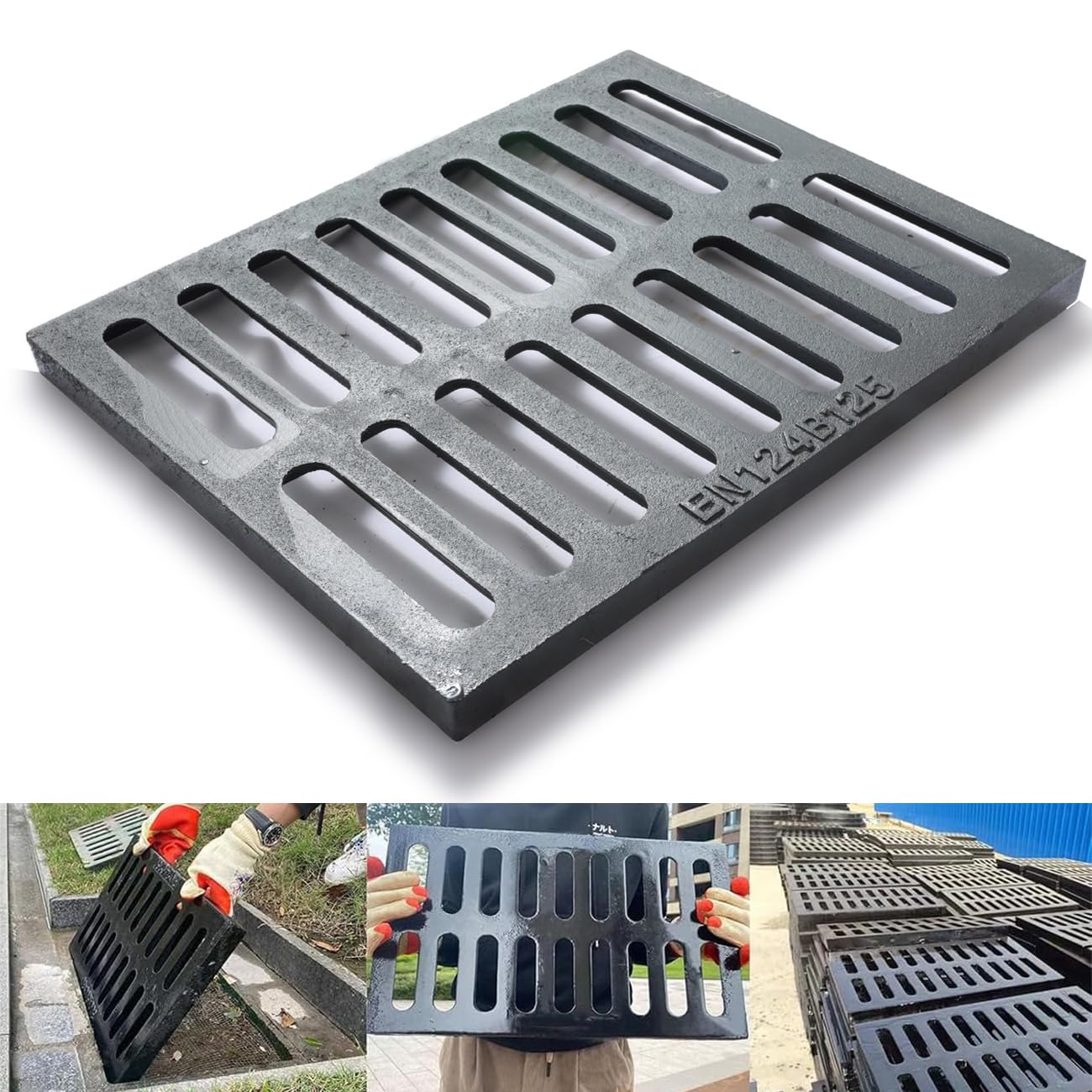Cast Iron Drain Grate, 24in*16in Heavy Duty Outdoor Drain Cover, B125 Class Channel Grate, Metal Sewer Grate, Black Square Drainage Grate for Concrete Floor, Yard, Driveway & Garage.
