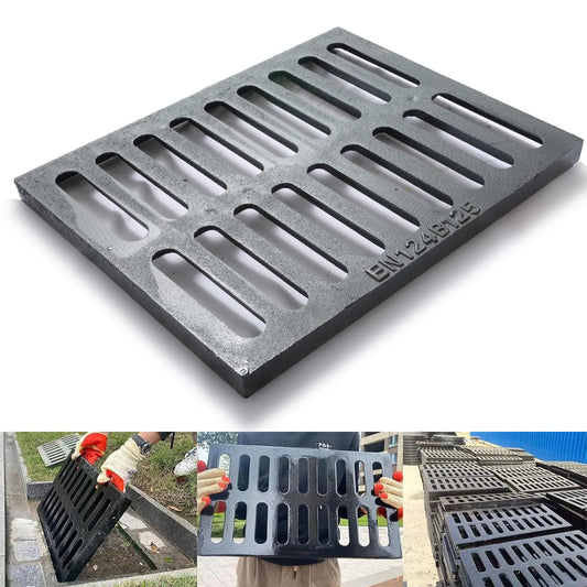Cast Iron Drain Grate, 24in*16in Heavy Duty Outdoor Drain Cover, B125 Class Channel Grate, Metal Sewer Grate, Black Square Drainage Grate for Concrete Floor, Yard, Driveway & Garage.
