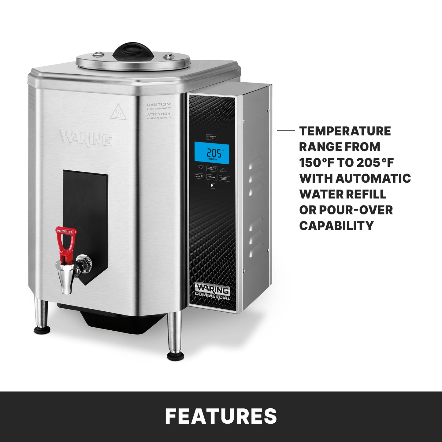 Waring Commercial WWB10G 10 Gallon Hot Water Dispenser, 120V, 1800W, 5-15 Phase Plug