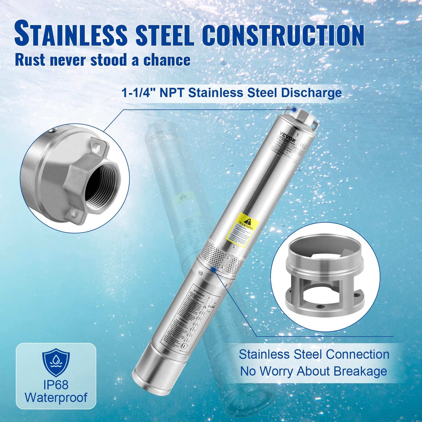 VEVOR Deep Well Submersible Pump, 1.5HP 115V/60Hz, 37gpm 276ft Head, with 33ft Cord & External Control Box, 4" Stainless Steel Water Pump for Industrial, Irrigation and Home Use, IP68 Waterproof
