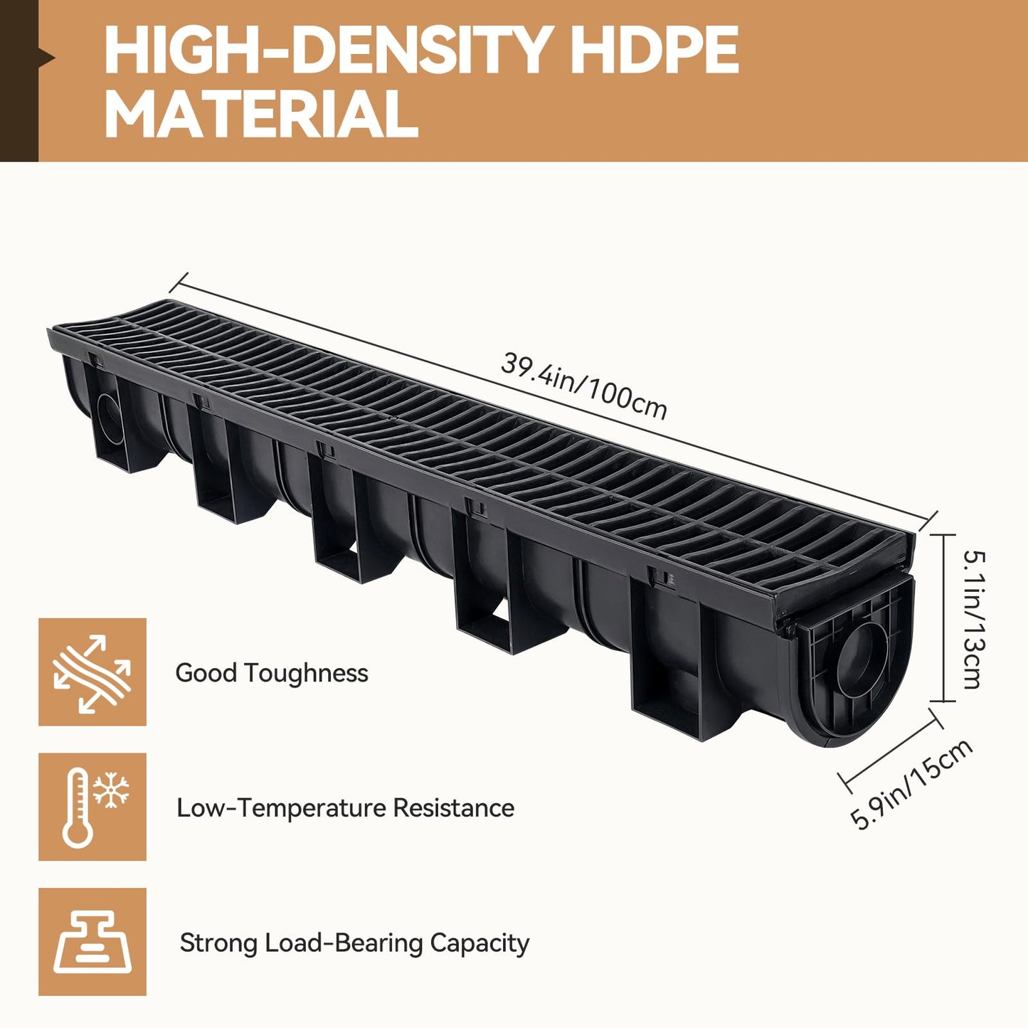 FAHKNS 6 Pack Trench Drain System, 5.9x5.1x39 Inch HDPE Drainage Trench,Black Driveway Trench Drain, Drainage Channel for Vehicle Passages, Patios, Garden Paths,Pool