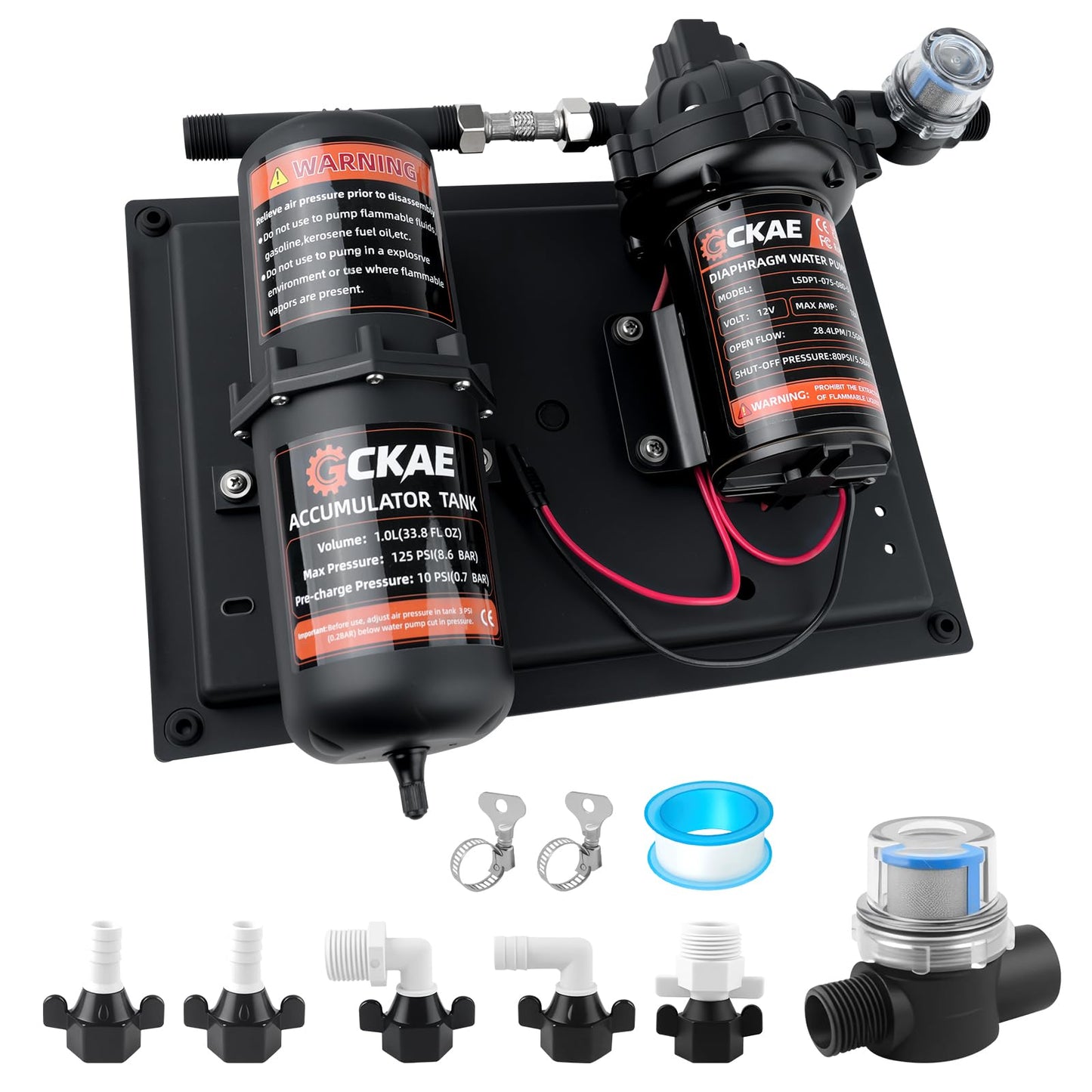 GCKAE RV Water Pump 12V DC 7.5GPM 80PSI and 1L 125PSI Pre-Pressurized Accumulator Tank, Ultra-Quiet Water Pressure System for Homes, RVs, Irrigation & Marine Use