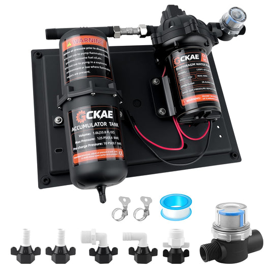 GCKAE RV Water Pump 12V DC 7.5GPM 80PSI and 1L 125PSI Pre-Pressurized Accumulator Tank, Ultra-Quiet Water Pressure System for Homes, RVs, Irrigation & Marine Use